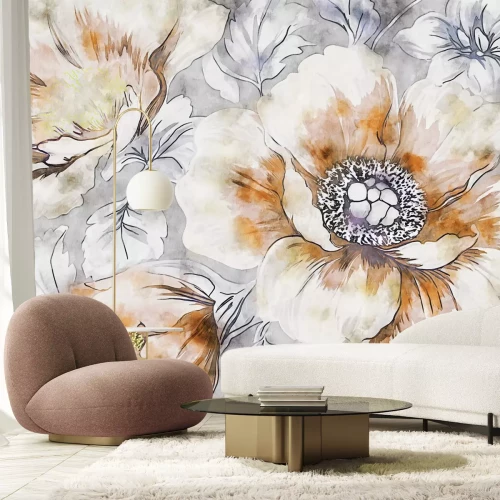 Fototapete Aquarellblumen auf grauem Hintergrund