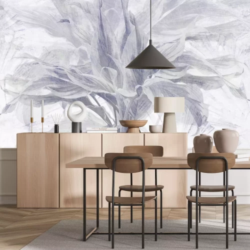 Fototapete Tropische Pflanzenblätter auf strukturiertem Betonhintergrund