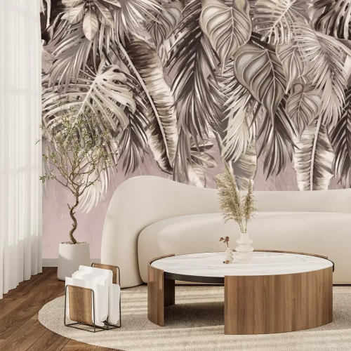 Fototapete Tropische Blätter hängen von oben auf einem pastellfarbenen Hintergrund