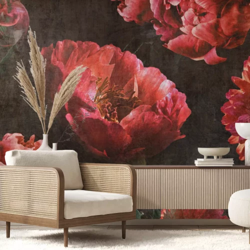 Fototapete Rote Blumen auf einem dunklen strukturierten Hintergrund