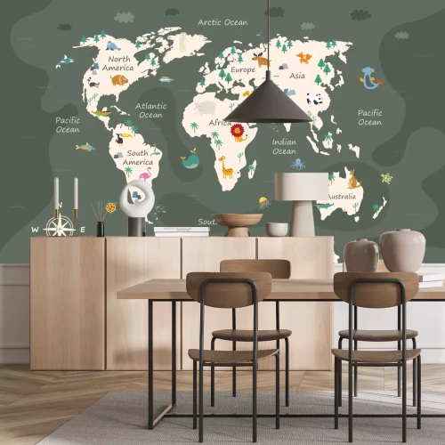 Fototapete Eine Weltkarte für Kinder mit Tieren auf grünem Hintergrund