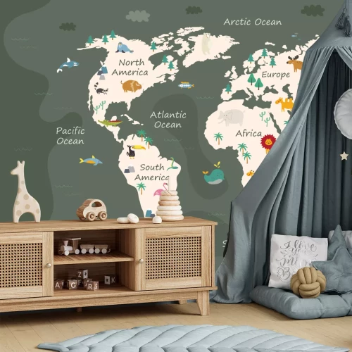 Fototapete Eine Weltkarte für Kinder mit Tieren auf grünem Hintergrund