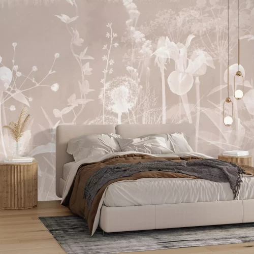 Fototapete Weiße Wildblumen und Pflanzen auf beigem Hintergrund