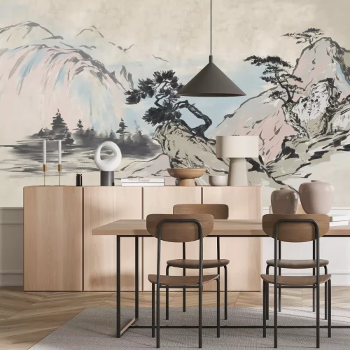 Fototapete Bäume auf Felsen mit Bergen im Hintergrund, Landschaft im chinesischen Stil