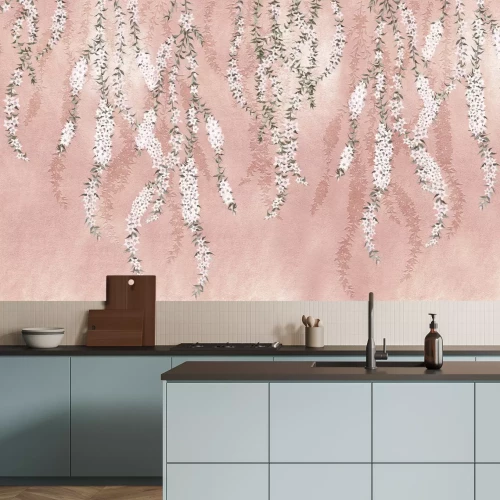 Fototapete Zweige von Pflanzen mit weißen Blüten auf rosa Hintergrund