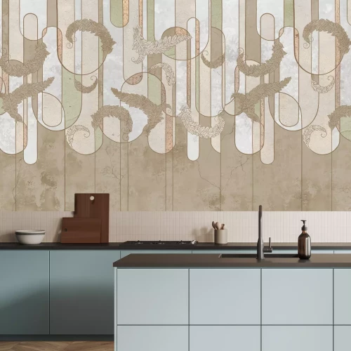 Fototapete Blätter und geometrische Formen auf strukturiertem Hintergrund