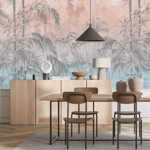 Fototapete Bambuszweige mit Blättern auf Beton