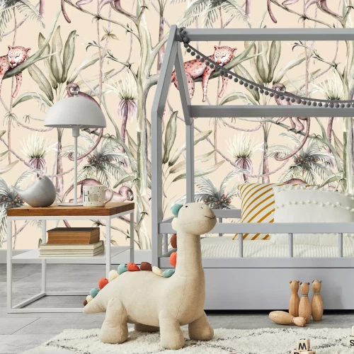 Fototapete Wildkatzen und Affen auf tropischen Pflanzen