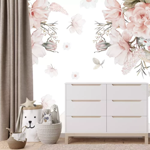 Fototapete Aquarellblumen und -blätter auf weißem Hintergrund