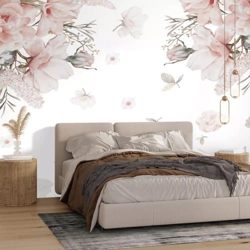 Fototapete Aquarellblumen und -blätter auf weißem Hintergrund