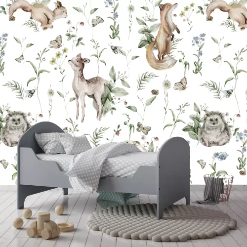 Fototapete Aquarell Waldtiere und Pflanzen