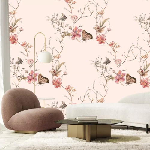 Fototapete Schmetterlinge zwischen den Blumen auf den Zweigen