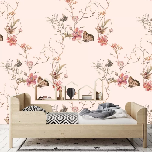 Fototapete Schmetterlinge zwischen den Blumen auf den Zweigen