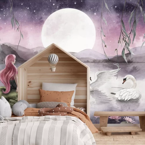 Fototapete Meerjungfrau und Schwäne bei Vollmond Aquarellmuster