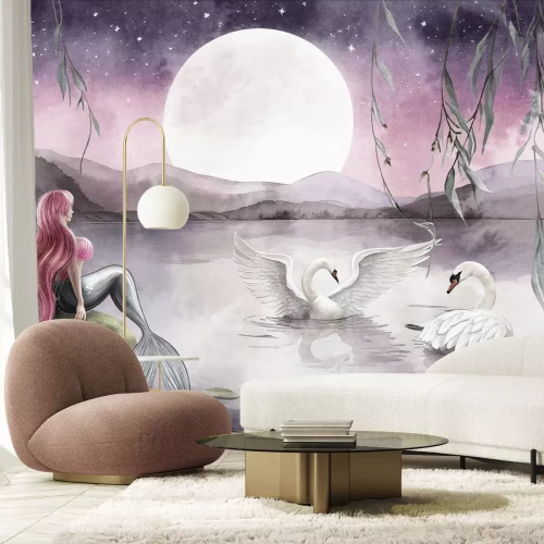 Fototapete Meerjungfrau und Schwäne bei Vollmond Aquarellmuster