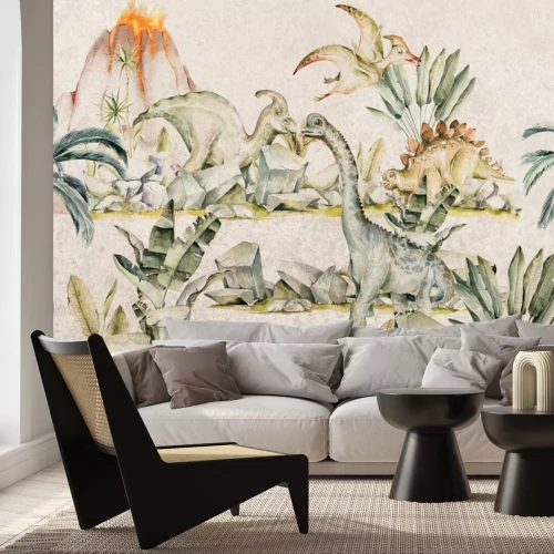 Fototapete Landschaft mit Dinosauriern zwischen Pflanzen und einem Vulkan