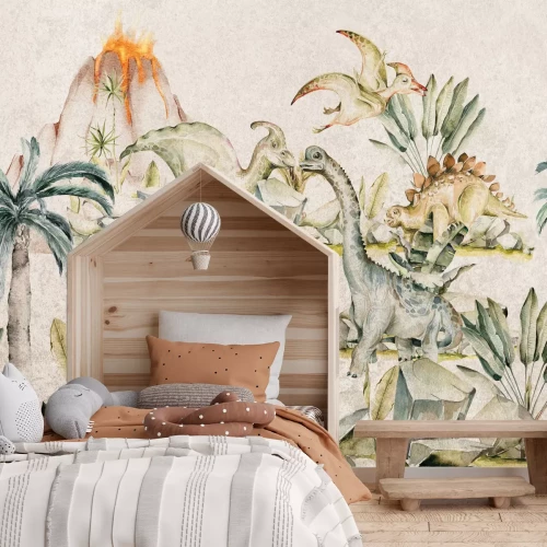 Fototapete Landschaft mit Dinosauriern zwischen Pflanzen und einem Vulkan