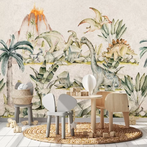 Fototapete Landschaft mit Dinosauriern zwischen Pflanzen und einem Vulkan