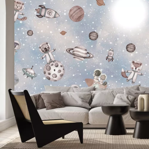 Fototapete Tiere und Planeten auf einem Sternenhintergrund