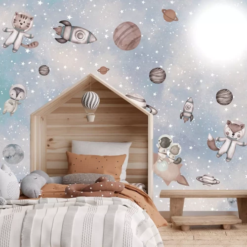 Fototapete Tiere und Planeten auf einem Sternenhintergrund