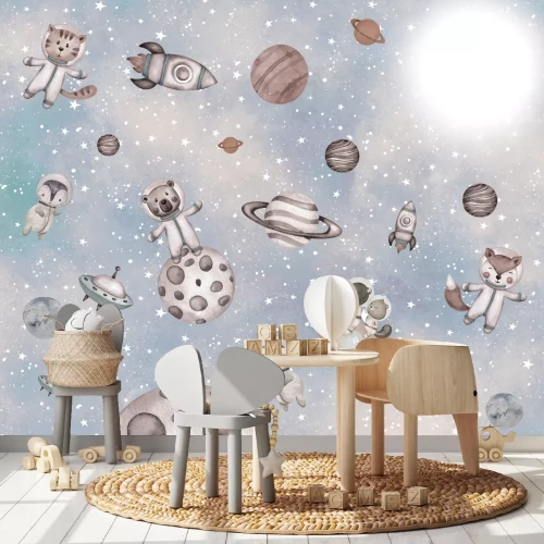 Fototapete Tiere und Planeten auf einem Sternenhintergrund