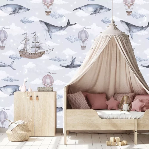 Fototapete Wale und Schiffe vor bewölktem Himmel