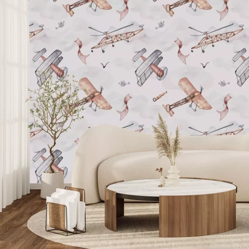 Fototapete Flugzeuge zwischen den Wolken in einem Aquarellhimmel