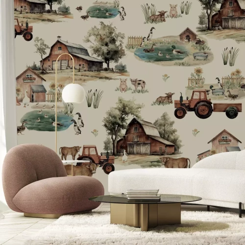 Fototapete Aquarell Bauernhof mit Tieren