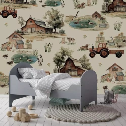 Fototapete Aquarell Bauernhof mit Tieren