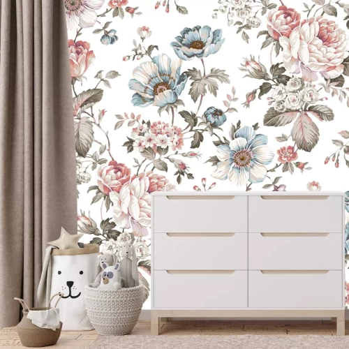 Fototapete Pastellfarbene Aquarellblumen auf weißem Hintergrund