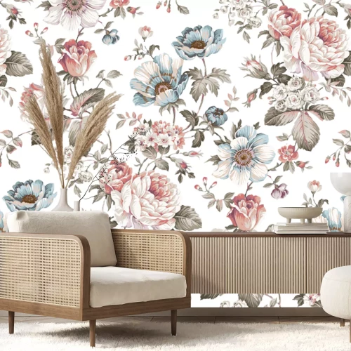 Fototapete Pastellfarbene Aquarellblumen auf weißem Hintergrund