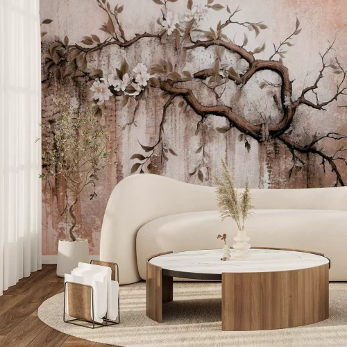 Fototapete Weiße Blüten auf einem Zweig mit Betonstruktur