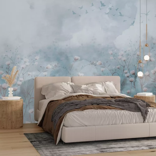 Fototapete Wildblumen und Vögel auf einem Aquarellhintergrund