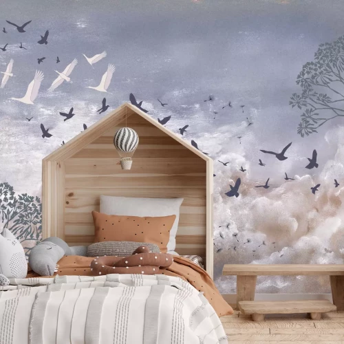 Fototapete Vögel und Löwenzahnsamen vor den Wolken