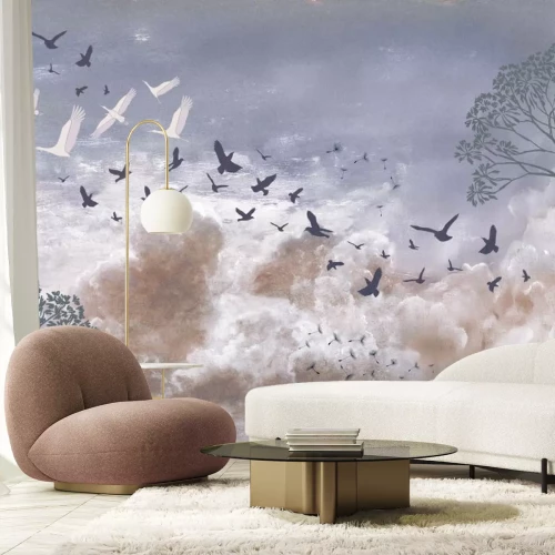 Fototapete Vögel und Löwenzahnsamen vor den Wolken