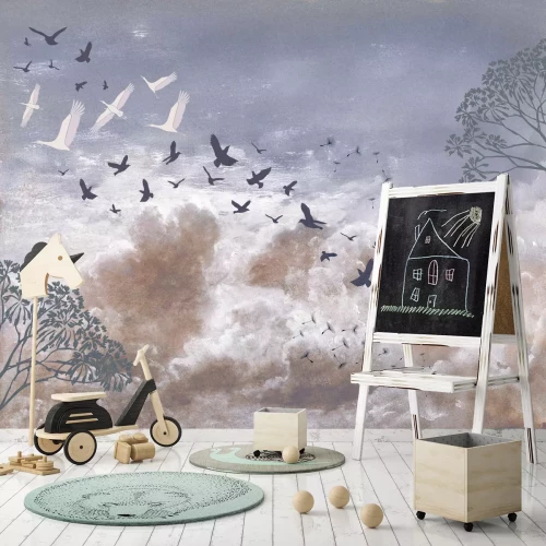 Fototapete Vögel und Löwenzahnsamen vor den Wolken