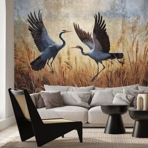 Fototapete Reiher und Pflanzen auf der Wiese