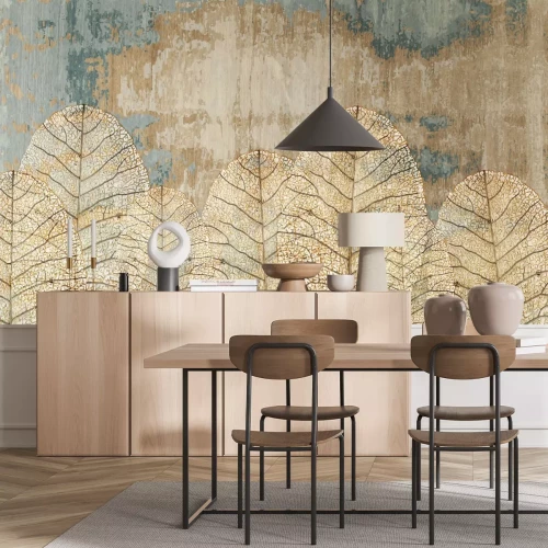 Fototapete 3D-Blätter auf strukturiertem Hintergrund mit Betoneffekt