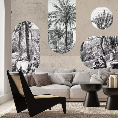 Fototapete Schwarz-weiße Landschaft mit geometrischen Formen im Vintage-Stil