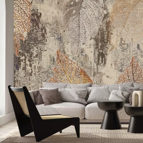 Fototapete Ein Wandbild mit Blättern auf Betongrund