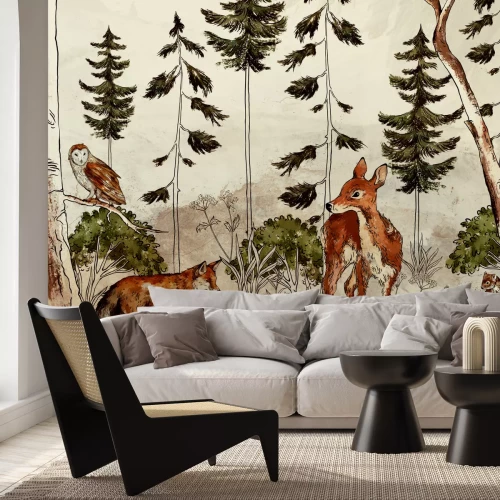 Fototapete Wilde Tiere in einem Aquarellwald