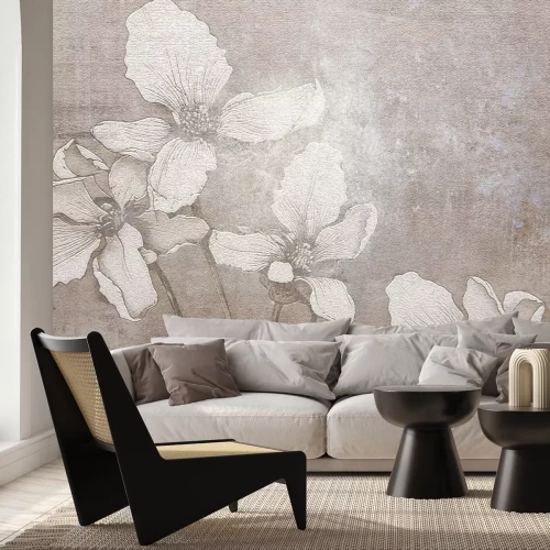 Fototapete Weiße 3D-Blumen auf strukturiertem Hintergrund