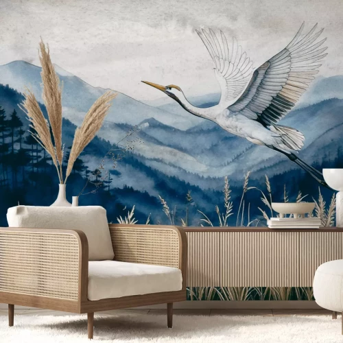Fototapete Ein Reiher vor einer Aquarell-Berglandschaft