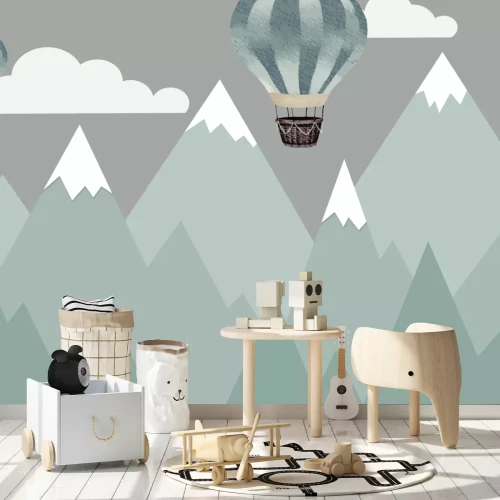 Fototapete Luftballons vor einer Berglandschaft für Kinder