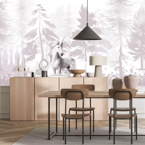 Fototapete Ein Einhorn und ein Schloss im Märchenwald