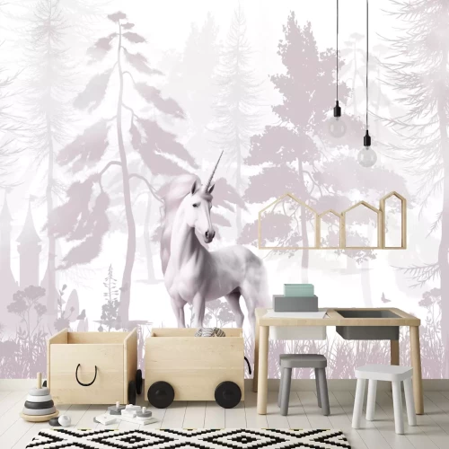 Fototapete Ein Einhorn und ein Schloss im Märchenwald