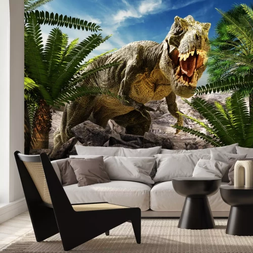 Fototapete Dinosaurier zwischen Palmen und Felsen