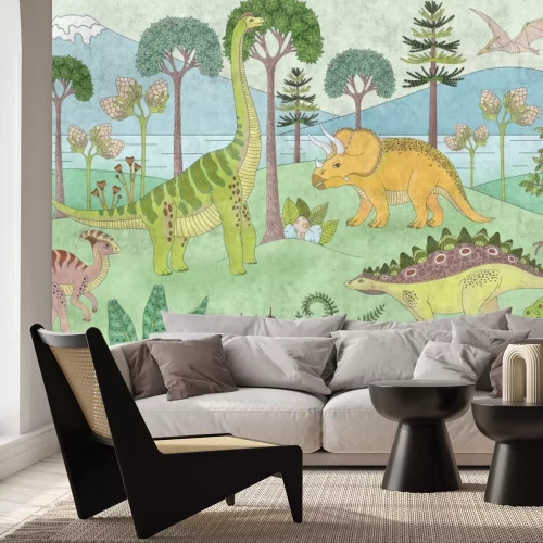Fototapete Eine Märchenlandschaft für Kinder mit Dinosauriern