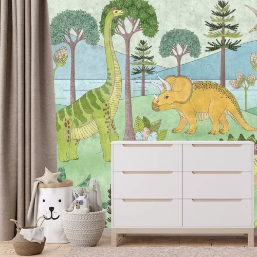Fototapete Eine Märchenlandschaft für Kinder mit Dinosauriern