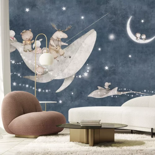 Fototapete Ein Wal und Tiere vor dem Himmel mit dem Mond